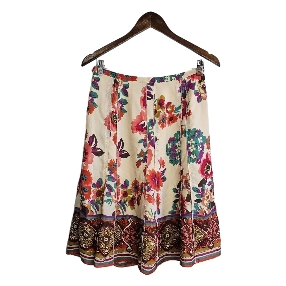 Boho floral multicolored over cream a-line tiered midi skirt